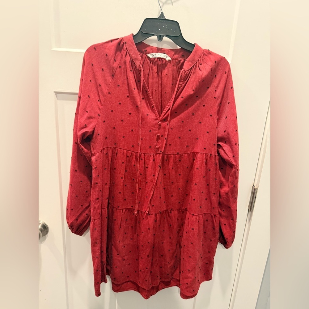 Zara Red Textured Tiered Tunic Dress Small Peplum Boho Long Sleeve